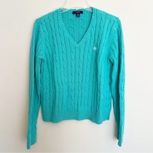 Chaps Sweater Womens Extra Large Teal Blue Green Cable Knit V Neck Preppy Tennis